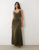 plissé contrast v-neck maxi dress with open back in dark olive