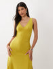 v neck hanky hem soft slinky midi dress in chartreuse