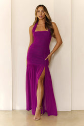 Evelyn Luxe Mesh Halter Maxi Dress Magenta