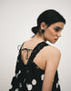 v-neck smock poplin mini sundress with lace overlay in black and white polka dots