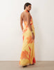 printed mesh halter maxi dress with draped sash detail in yellow floral