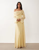printed off the shoulder draped neck long sleeve maxi dress in lemon polka dot