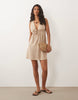 textured jersey ruched tie front mini dress in stone