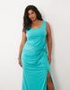 TFNC Plus slinky scoop neck knot detail split maxi dress in aqua blue