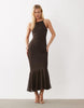 chiffon sleeveless midaxi dress with godet hem in chocolate brown