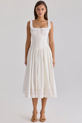 white cotton broderie anglaise trim midi dress