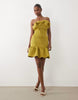 structured mini dress with scrunched bardot in avocado green scuba-style fabric
