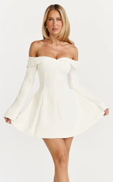 Collette Mini Dress - Off Shoulder Long Sleeve Godet Flare Dress in White