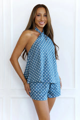 Dazed Days Polka Dot Halter Shorts Set Blue