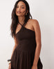 crinkle cami halter midi dress in chocolate