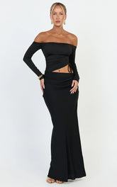 Tallulah Maxi Dress - Off Shoulder Long Sleeve Side Ruched Cut Out Dress in Black