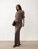 off shoulder blouson midi dress in chocolate