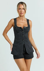 Raquel Top - Denim Scoop Neck Button Down Vest in Washed Black