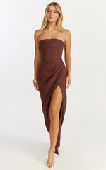 Tara Maxi Dress - Strapless Corset Drape Skirt Dress in Chocolate