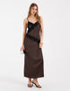 PIECES satin cami maxi dress with lace trim in chocolate brown