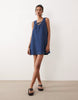 denim scoop neck and back mini dress with bow front in dark mid blue