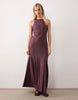 linen blend racer neck midaxi sundress with godets in plum