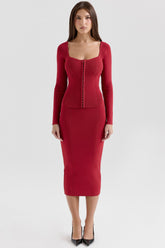 red bodycon midi skirt
