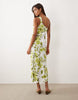 YAS one-shoulder satin maxi dress in blue and green floral print
