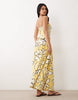 tie back crinkle cami midi dress with asymmetric waist in yellow sketch floral print