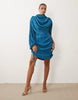 plisse asymmetric cape sleeve mini dress in blue teal