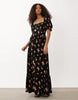 Miss Selfridge seersucker puff sleeve milkmaid maxi dress in dark floral print