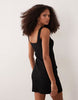 button down rib knit mini dress with picot trim in black