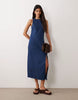 denim fitted midi dress in rich mid blue