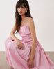 shirred cotton poplin maxi sundress with dropped waist in pink stripes