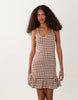 crochet jersey scoop neck mini dress with frill detail in brown and cream gingham