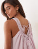 v-neck poplin mini smock sundress with lace overlay in pale lilac