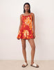 structured cotton sateen tie bust dropped waist mini sundress in orange floral