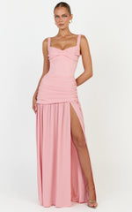 Freya Maxi Dress - Twist Bust Detail Drop Waist Dress in Pink