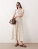 Esmée puff sleeve tie front maxi beach dress in cream & brown polka dot