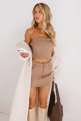 Talk Of The Feed Suede Strapless Crop Top Tan