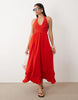 crochet halter neck tiered midi dress in red