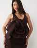 plunge maxi dress with 3d corsage and open back in chocolate scuba-style fabric
