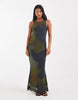 Vero Moda Petite sleeveless seam front mesh dress in brown and green swirl print