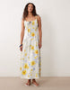 structured cotton sateen tie bust dropped waist maxi sundress in painted blue & yellow floral with gingham tie straps