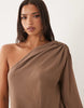 Missy Empire chiffon asymmetric sleeve drape overlay detail bubble hem cutout back detail mini dress in mocha