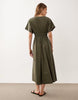 Mango v neck cinched waist midi dress in khaki