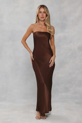 The Felicity Strapless Satin Maxi Dress Chocolate Brown