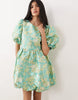 Sister Jane jacquard puff sleeve bubble hem mini dress in pistachio floral