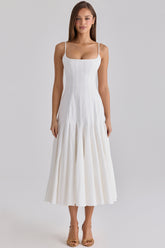 white pleated cotton godet midi dress