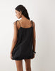 bubble hem poplin mini sundress with tie straps in black