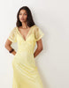 v neck satin maxi dress with lace detail in soft yellow