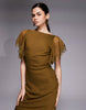 high neckline midaxi dress with flutter sleeve and asymmetric hem shape with lace trim detail in olive