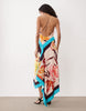 Tall deep cowl asymmetric open back maxi dress in scarf print