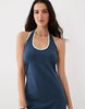 halter midi dress with buttermilk contrast trim in navy