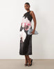 YAS placement orchid print satin racer maxi dress in black
